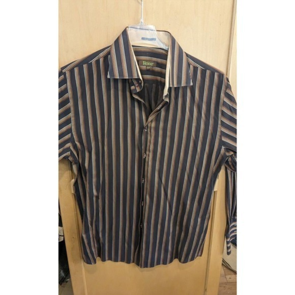 Roar Strength Refined Shirt Mens Large XL Long Sleeve Button Up Brown‎ striped